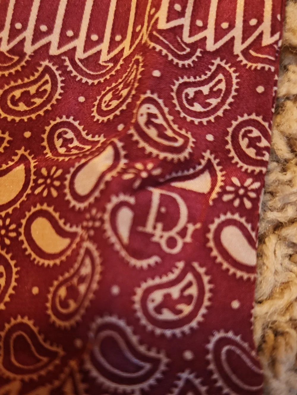 Vintage YSL 1970's Silk Maroon Paisley & Stripe Bandana Scarf with Monogram